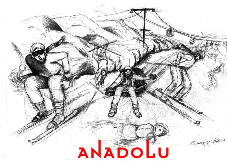 Karakalem İmgesel Kayak Yapan İnsanlar Çizimi Konyada