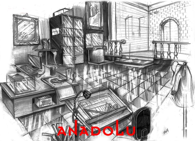 İmgesel Karakalem Bir Çalışma Odası Çizimi Konyada